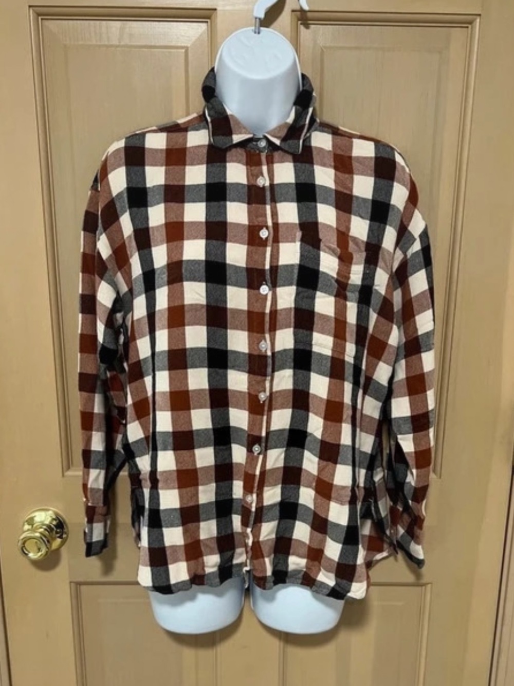 LOFT Outlet Shirt Plaid Button Up Extra Small Rust Cream